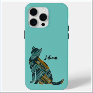 Coque iPhone 15 Pro Max Abstrait Turquoise et Amoureux des chats or