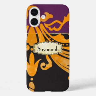 iPhone 16 Plus Case Accents dorés de défilement Damas personnalisées