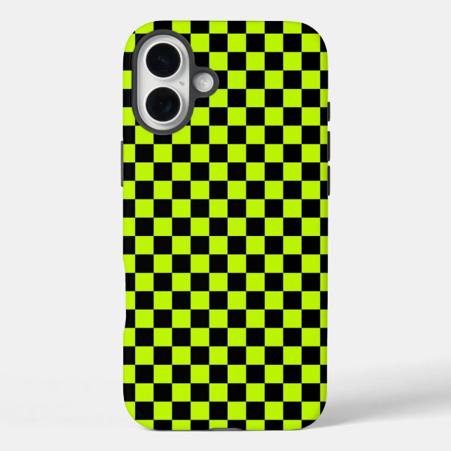 Coques Case-Mate iPhone Acid green black checkerboard pattern (Verso)