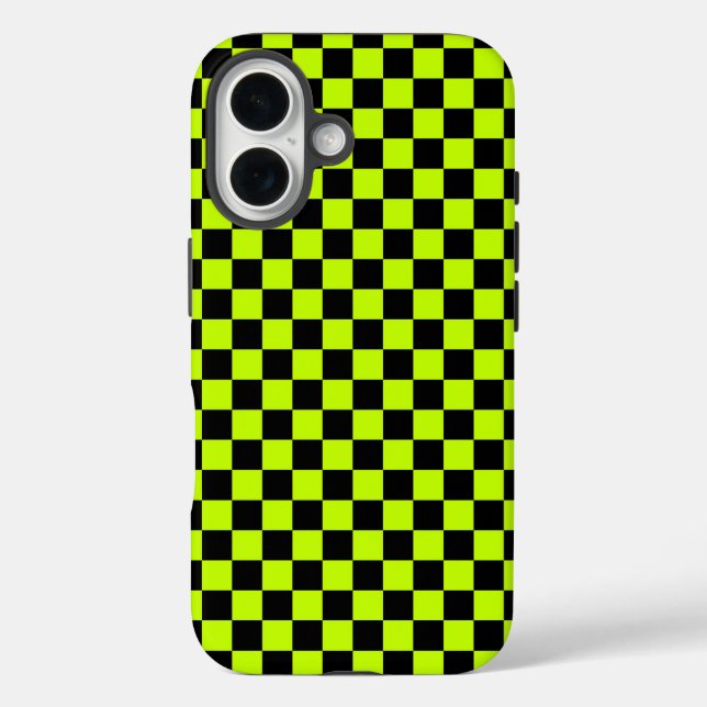Coques Case-Mate iPhone Acid green black checkerboard pattern (Verso)