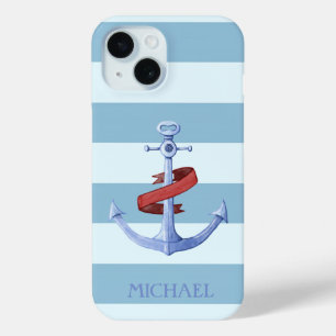Coque Pour iPhone 15 Adorable Ancre nautique Bleu clair rayures