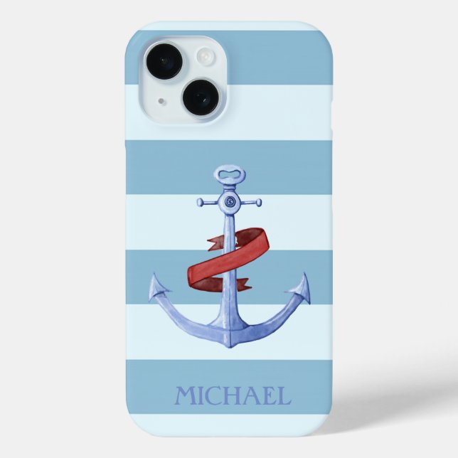 Coques Case-Mate iPhone Adorable Ancre nautique Bleu clair rayures (Verso)