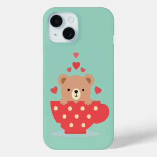 Coque Pour iPhone 15 Adorable Bear in a Teacup with Hearts