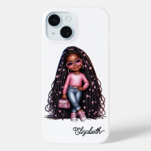 Coque Pour iPhone 15 Adorable Black Girl Chibi Art avec Accents rose