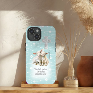 Coque Pour iPhone 15 Adorable Pastel Turquoise Lambes Florales Croix Bi