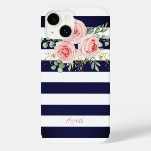 Coque Pour iPhone 14 Adorable Roses Roses Rose Marine Bleu Stripes