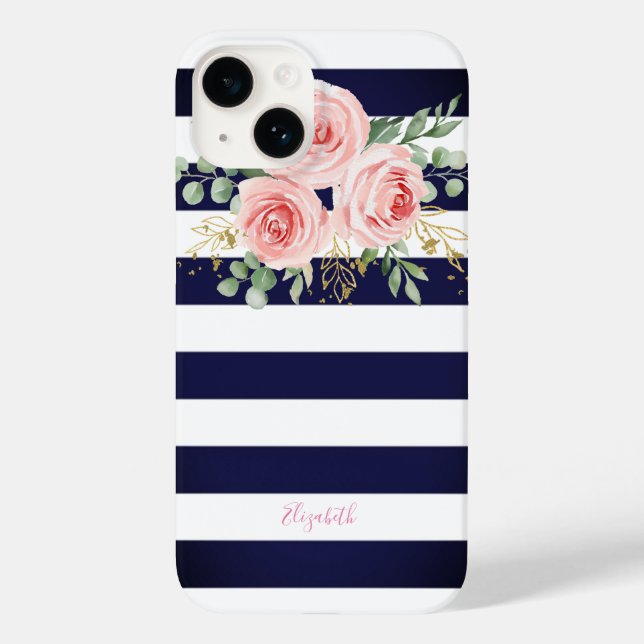 Coques Case-Mate iPhone Adorable Roses Roses Rose Marine Bleu Stripes (Verso)