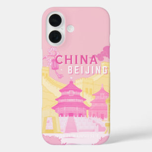 Coque Pour iPhone 16 Affiche de voyage à Pékin Chine   Art rose et jaun
