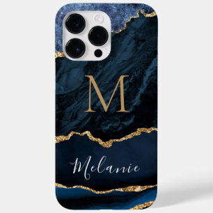 Coque Pour Pour iPhone 14 Pro Max Agate Bleu Parties scintillant or Marbre Nom perso