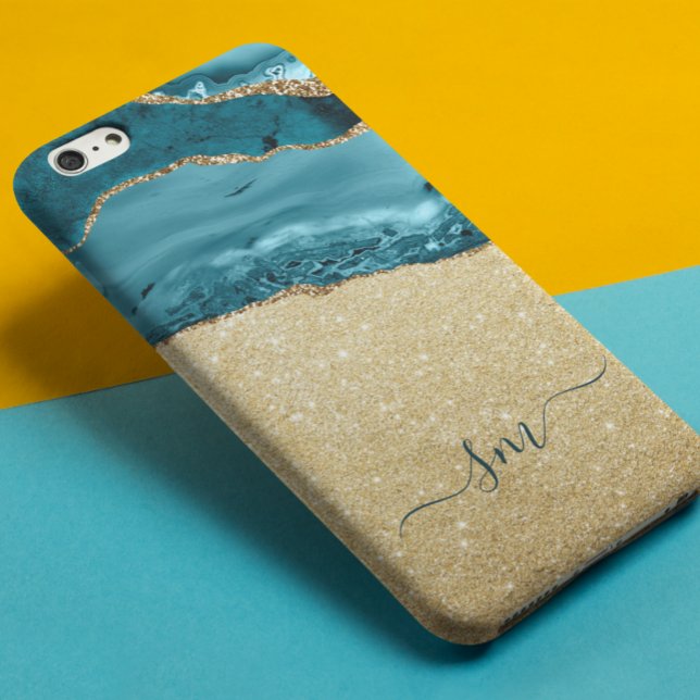 Coques Case-Mate iPhone Agate Bleu turquoise Monogramme Script Pierre Or (Créateur téléchargé)
