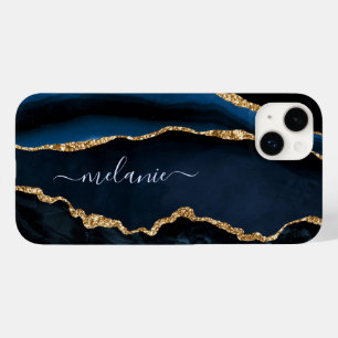 Coque Pour iPhone 14 Plus Agate Blue Gold Parties scintillant Marbre Gemston