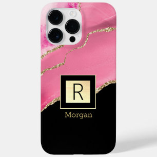 Coque Pour Pour iPhone 14 Pro Max Agate rose, nom et monogramme, boîte noire et or