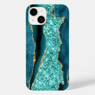Coque Pour iPhone 14 Agate Turquoise Blue Gold Parties scintillant Marb