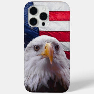 Coque iPhone 15 Pro Max Aigle à tête blanche et drapeau américain