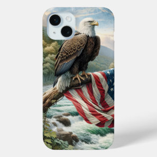 Coque iPhone 15 Mini Aigle Balle Avec Drapeau Américain Sur Branche Arb