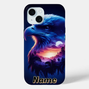 Coque Pour iPhone 15 Aigle superposé avec paysage de coucher de soleil 