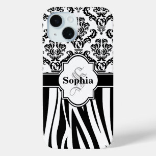 Coque Pour iPhone 15 Ajouter Votre Nom Monogramme Damask Jungle Zebra S