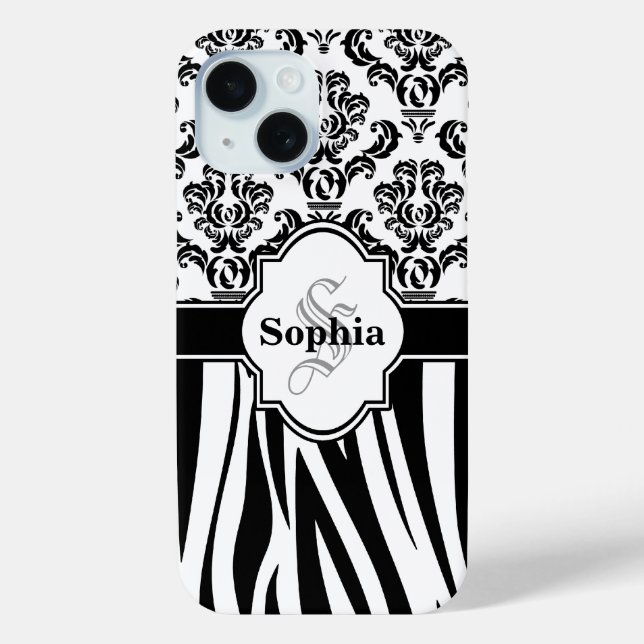 Coques Case-Mate iPhone Ajouter Votre Nom Monogramme Damask Jungle Zebra S (Verso)