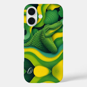 Coque Pour iPhone 16 Alligator Crocodile Dragon Monogramme Vert Jaune