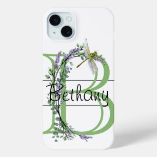 Coque iPhone 15 Mini Alphabet lettre B, aquarelle Lavender Dragonfly