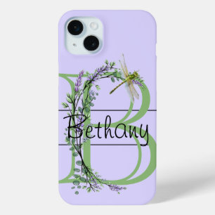 Coque iPhone 15 Mini alphabet monogramme B Lavender Eucalyptus Dragonfl