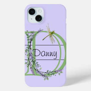 Coque iPhone 15 Mini alphabet monogramme D Lavender Eucalyptus Dragonfl