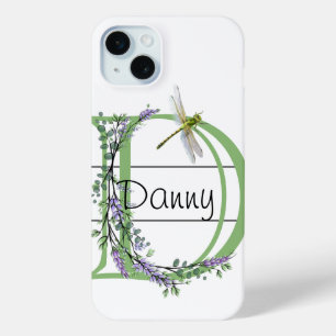 Coque iPhone 15 Mini alphabet monogramme D Lavender Eucalyptus Dragonfl
