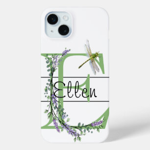 Coque iPhone 15 Mini alphabet monogramme E Lavender Eucalyptus Dragonfl