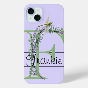 Coque iPhone 15 Mini alphabet monogramme F Lavender Eucalyptus Dragonfl