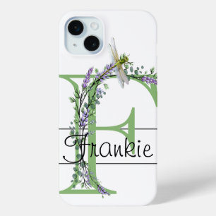 Coque iPhone 15 Mini alphabet monogramme F Lavender Eucalyptus Dragonfl