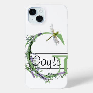 Coque iPhone 15 Mini alphabet monogramme G Lavender Eucalyptus Dragonfl