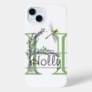 Coque iPhone 15 Mini alphabet monogramme H Lavender Eucalyptus Dragonfl