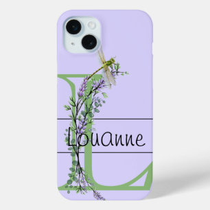 Coque iPhone 15 Mini alphabet monogramme L Lavender Eucalyptus Dragonfl