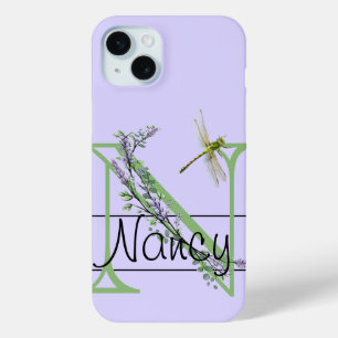 Coque iPhone 15 Mini alphabet monogramme N Lavender Eucalyptus Dragonfl
