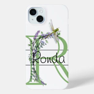 Coque iPhone 15 Mini alphabet monogramme R Lavender Eucalyptus Dragonfl