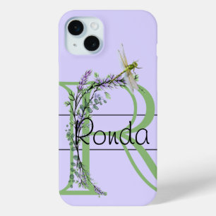 Coque iPhone 15 Mini alphabet monogramme R Lavender Eucalyptus Dragonfl