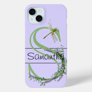 Coque iPhone 15 Mini alphabet monogramme S Lavande Eucalyptus Dragonfly