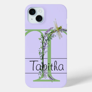 Coque iPhone 15 Mini alphabet monogramme T Lavender Eucalyptus Dragonfl