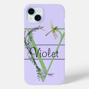 Coque iPhone 15 Mini alphabet monogramme V Lavender Eucalyptus Dragonfl