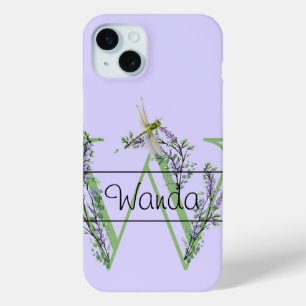 Coque iPhone 15 Mini alphabet monogramme W Lavender Eucalyptus Dragonfl