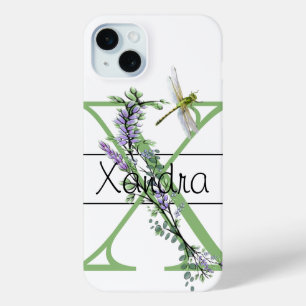 Coque iPhone 15 Mini alphabet monogramme X Lavender Eucalyptus Dragonfl