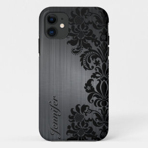 Coque iPhone 11 Aluminium brossé en métal noir et Damas florales
