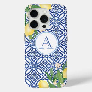 Coque iPhone 15 Pro Amalfi Lemons Monogramme Bleu Blanc Carreaux itali