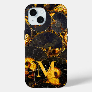 Coque Pour iPhone 15 Ambre doré noir Nautilus motif, fossile