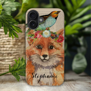 Coques iPhone 16 Plus Amis floraux de Fox à l'aquarelle Nom personnalisé