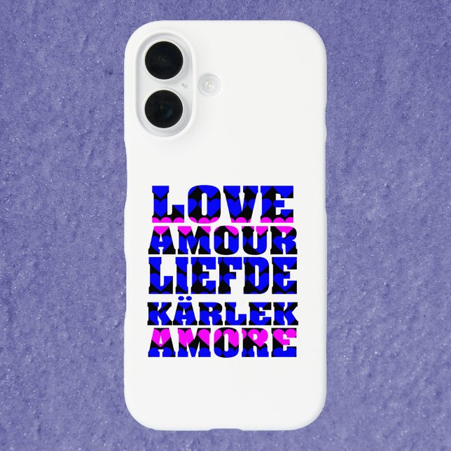 Coques Case-Mate iPhone Amour en différentes langues Coeur rose et bleu (A phone case that says love in a variety of languages with pink and blue hearts)