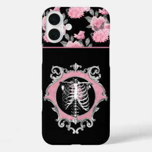 Coques iPhone 16 Plus Amour gothique Squelette rose et noir Coeur flor
