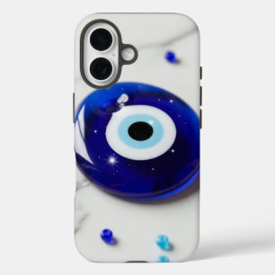 Coque Pour iPhone 16 Amulette du Mauvais Œil Bleu sur une surface de ma