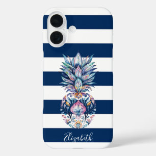 Coque Pour iPhone 16 Ananas Coloré Rayé Bleu Marine