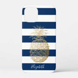Case-Mate iPhone Case Ananas doré personnalisé, rayures bleu marine